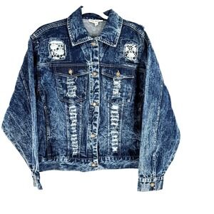 Indigo Thread Co. Acid Wash Denim Trucker Jacket Women's S Distressed Lace NEW
